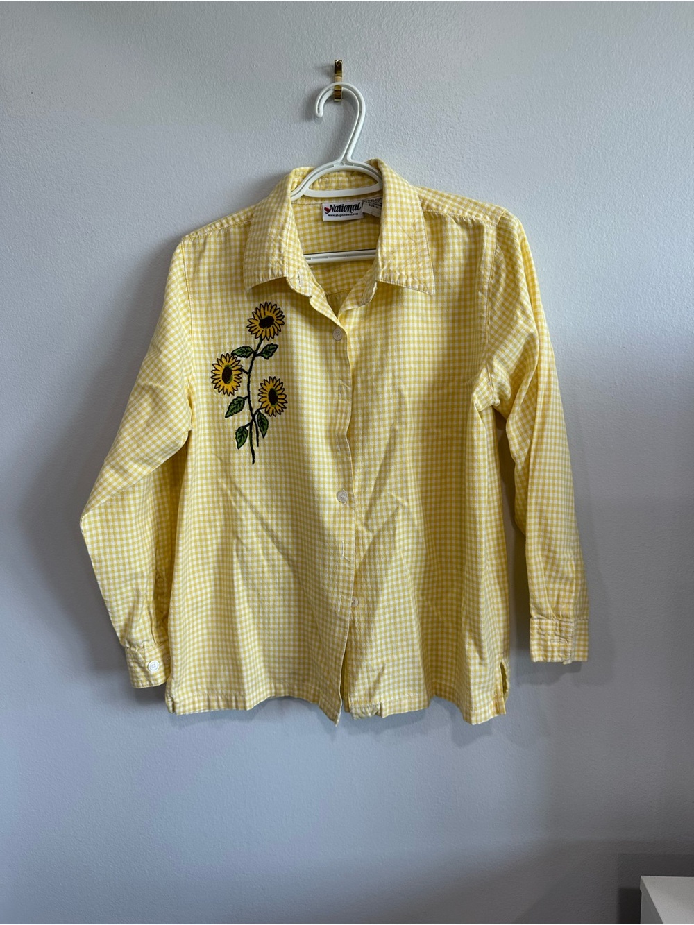 National Style Women’s Yellow Gingham Sunflower Embroidered Button Front Shirt L